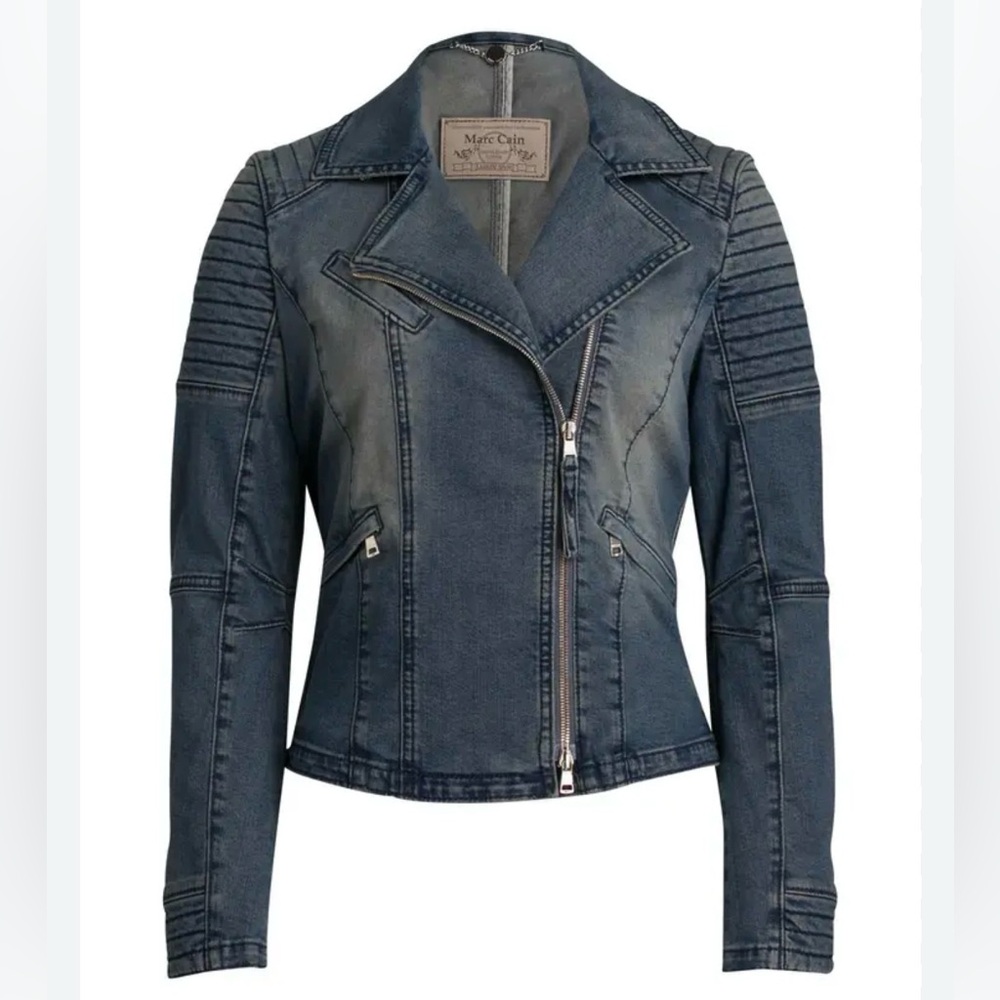 Marc Cain Blue Denim Biker Jacket  Quilted Moto Shoulders & Asymmetric Zip jeans